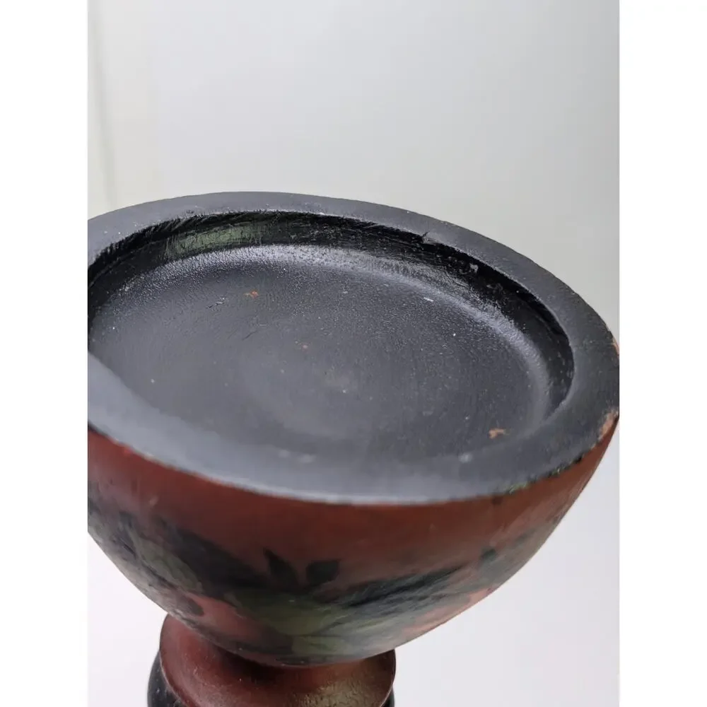 M Howe 2014 Signed Hand Painted Wood Candle Holder Floral Folk Art 12